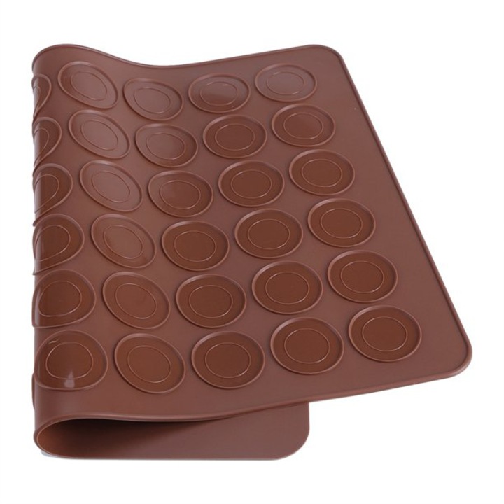 Covoras de copt pentru macarons Cozevdnt, silicon alimentar, 48 cavitati, maro, flexibil