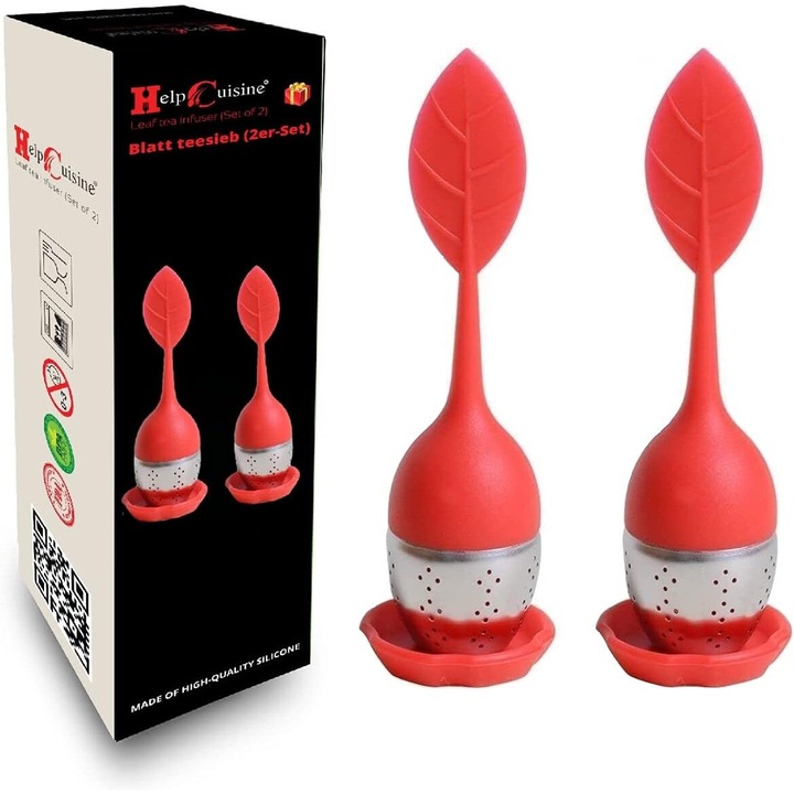 Set de 2 infuzor de ceai, Cozevdnt, silicon alimentar, otel inoxidabil, rosu