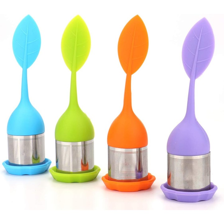 Set de infuzor de ceai din otel inoxidabil cu manere din silicon, 4 culori, pentru ceai vrac, fara BPA