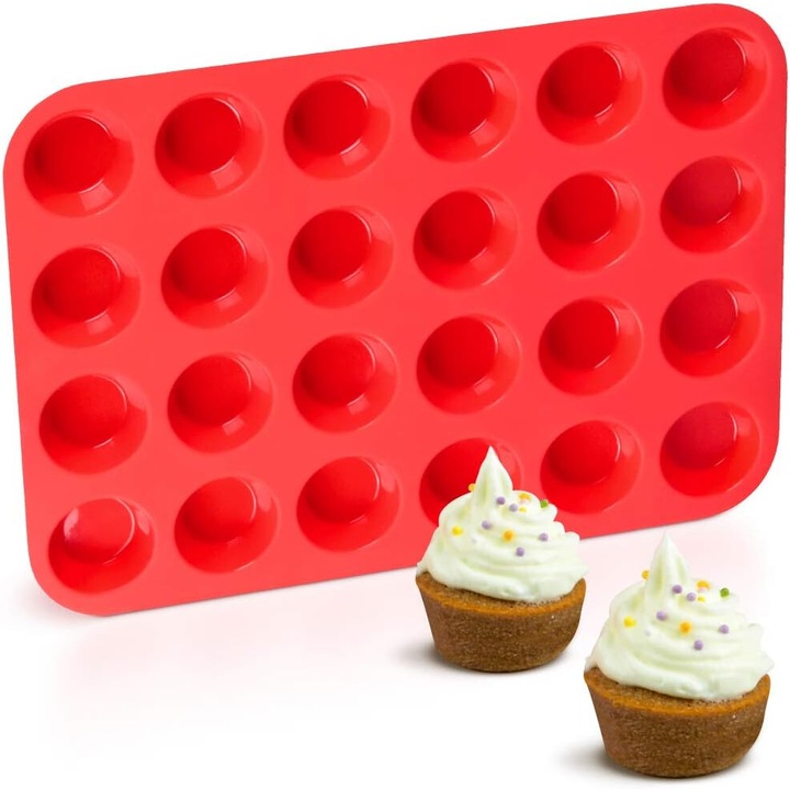 Tava Mini Muffin Cozevdnt, Silicon, Antiaderenta, 24 Cupe, Rezistenta la Temperaturi Inalte, Multifunctionala, Rosu