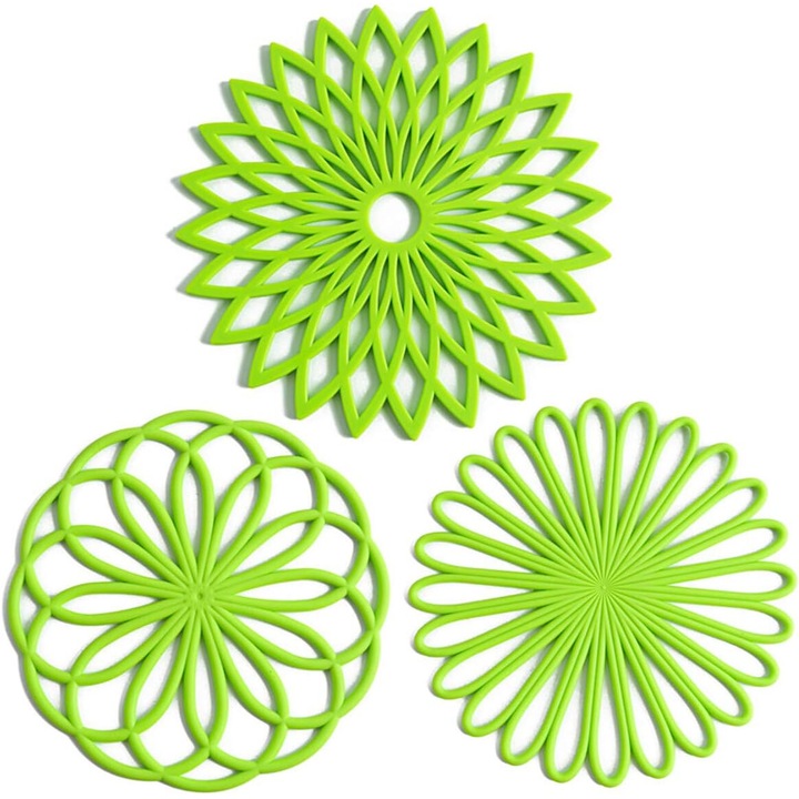Set 3 suporturi pentru oale fierbinti, Design floare, Silicon, 20x0.4cm, Rezistente la temperaturi extreme, Verde lime