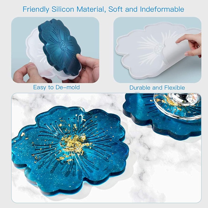 Set matrite siliconice pentru rasina, tava mare si 4 suporturi flori, 34.5x12cm, transparent