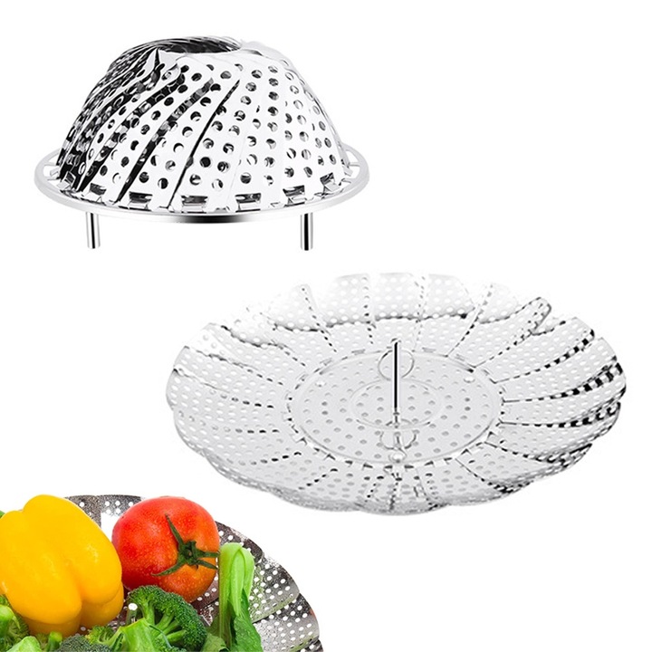 Sita pentru fiert legume la abur, QttvbTna, Inox, Pliabil, 13.5 x 5 cm, Argintiu