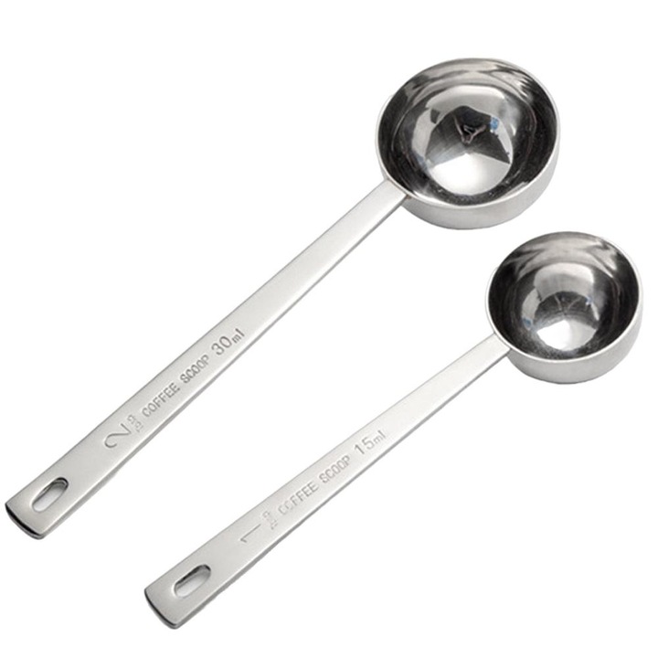 Комплект 2 мерителни лъжички за кафе, неръждаема стомана, дълга дръжка, 15/30 мл, сребристи