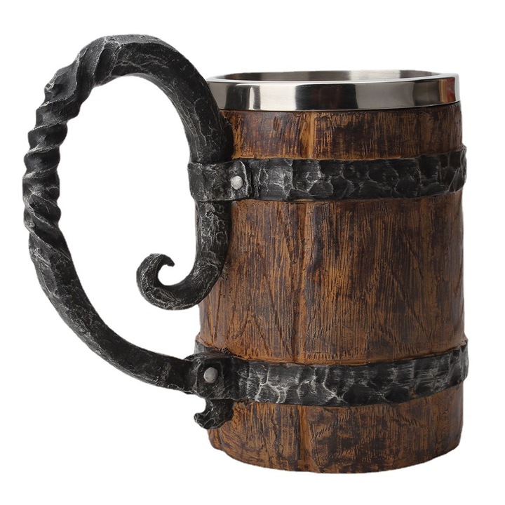 Cana bere din otel inoxidabil 304, design butoi lemn, 550 ml, 16.5x9.4x14.5 cm