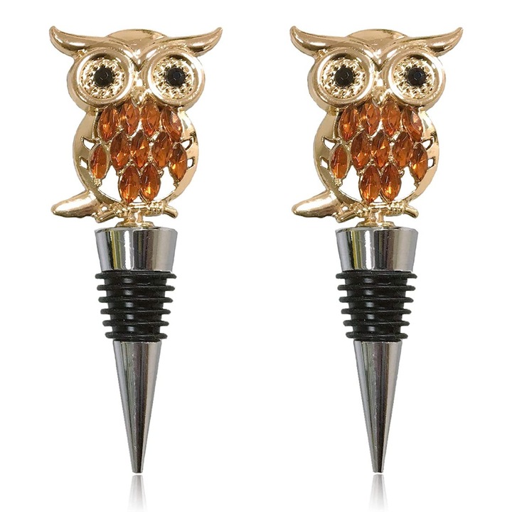 Dopuri de vin decorative cu bufnita, idee unica de cadou pentru pasionatii de vin, cu inel de silicon reutilizabil si constructie durabila din aliaj de zinc, perfecte pentru sticlele de vin standard, 2 bucati