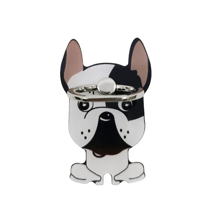 CartoonRing Doty telefontartó gyűrű, 360 fokban elforgatható, fém, ragasztóval, francia bulldog mintával, univerzális, 6x4 cm, fekete/fehér