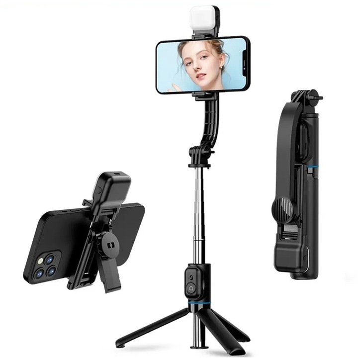 Selfie stick, cu Bluetooth, din ABS, extensie maxima 107 cm, culoare Negru, Stef's Cat
