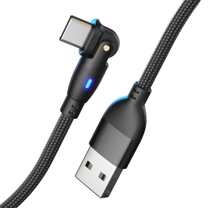 Кабел за пренос на данни и бързо зареждане, 60 W, ротация на 180°, QC 3.0, USB, USB-C, LED индикатор, съвместим със Samsung, Huawei, Xiaomi, черен, 1 м
