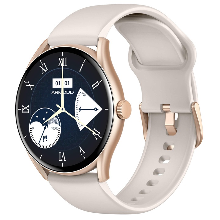 Smartwatch Roundz 5 ARMODD, съвместим с iOS, Android, Bluetooth разговори, розово злато с кремава каишка