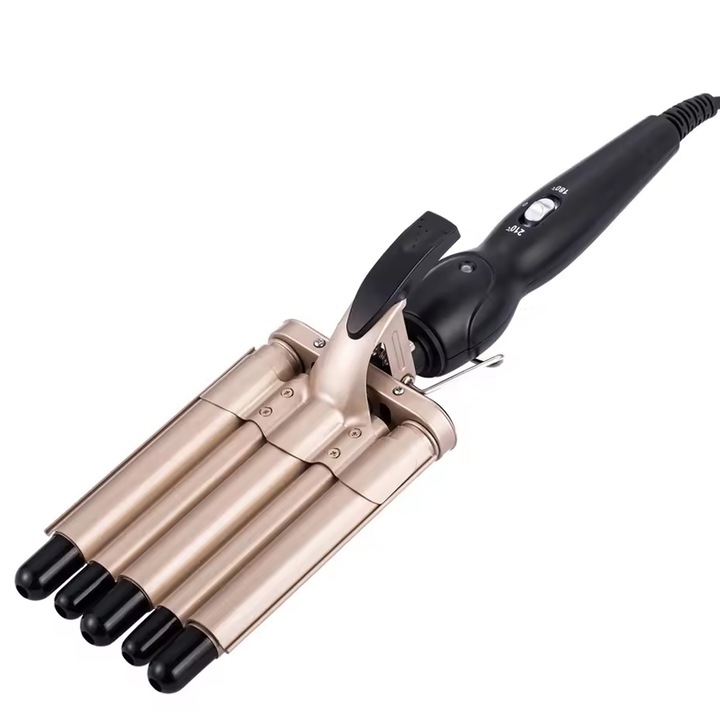 Hajsütővas 5 csöves, Axroad Mall, 180°C-230°C Állítható hőmérséklet, Ionos technológia, Közepesen laza hullámok 12 mm, Melegítés 60 mp alatt, 160cm kábel, Száraz és nedves hajra is alkalmas, Kerámia/mentális, 36cm, Fekete/ Arany