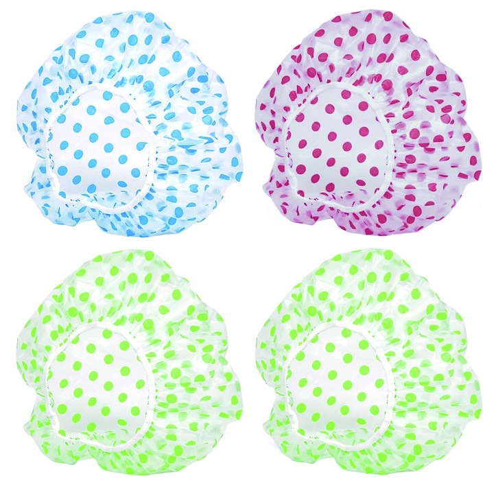 Set 4 casca pentru dus, Axroad Mall, Cu banda elastica, Rezistent la apa si ulei, Material reutilizabile, Dimensiune universala, Impiedica eficient parul sa se ude la dus, Non-toxic, EVA, 27cm, Multicolor