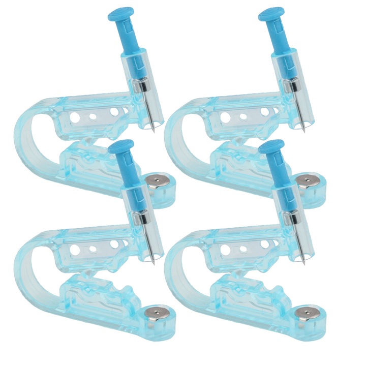 Set 4 Piercer Urechi Steril De Unica Folosinta, Axroad Mall, Cu 4 bumbac alcoolizat, Cu cercel, Ambalaj inchis independent, Fara durere, Rapid, Potrivit pentru salon si piercing la domiciliu, Inox/Plastic, 4 x 5 x 0.6cm, Albastru