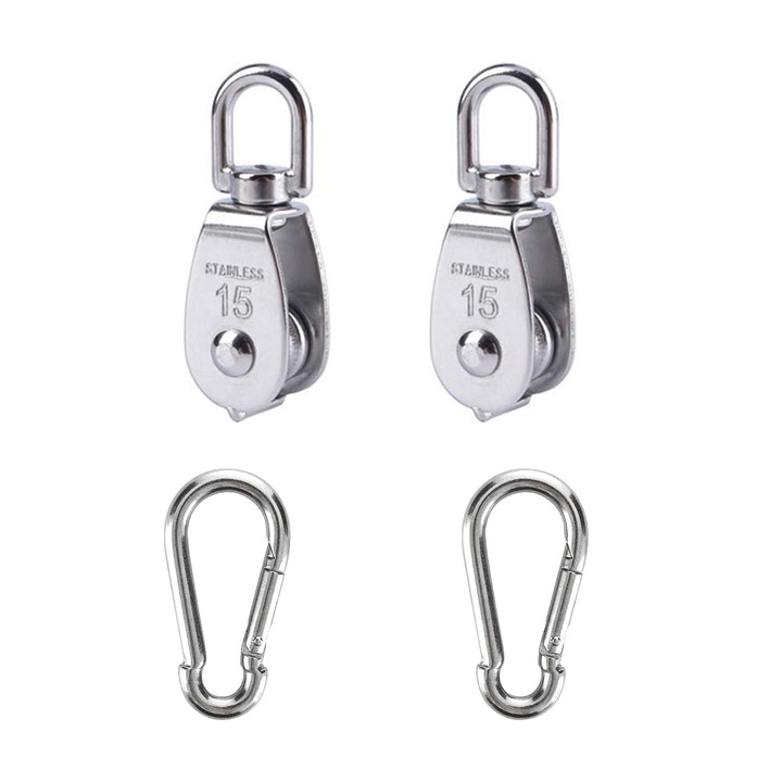 Set 2 scripeti cu franghie, SINBINTA, Roata de remorcare a sarmei de sarma, Cu carabiniere, Diametrul rotii 15mm, Rotire la 360 de grade, Sarcina maxima 35 kg, Inox, Pentru ridicare, proiecte de bricolaj si linia de haine, Argintiu