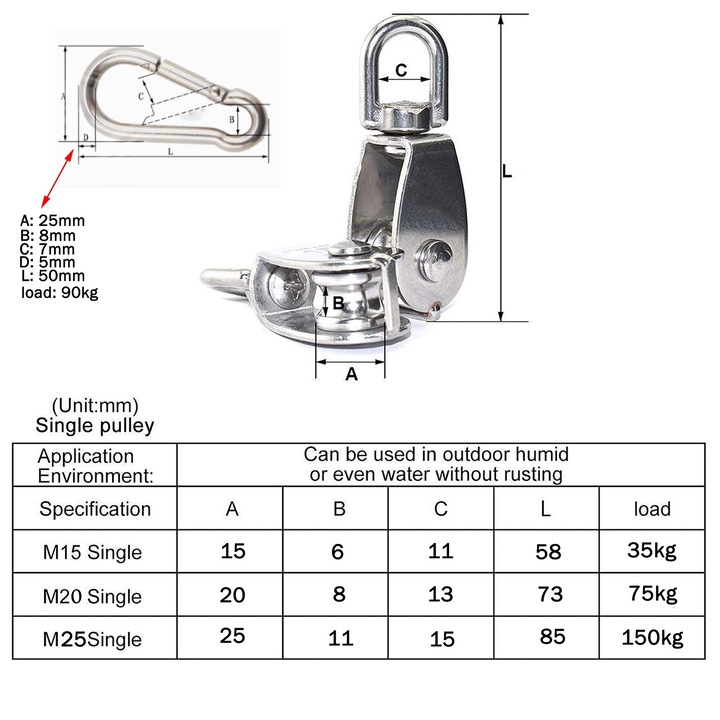 Set 2 scripeti cu franghie, SINBINTA, Roata de remorcare a sarmei de sarma, Cu carabiniere, Diametrul rotii 20mm, Rotire la 360 de grade, Sarcina maxima 75 kg, Inox, Pentru ridicare, proiecte de bricolaj si linia de haine, Argintiu