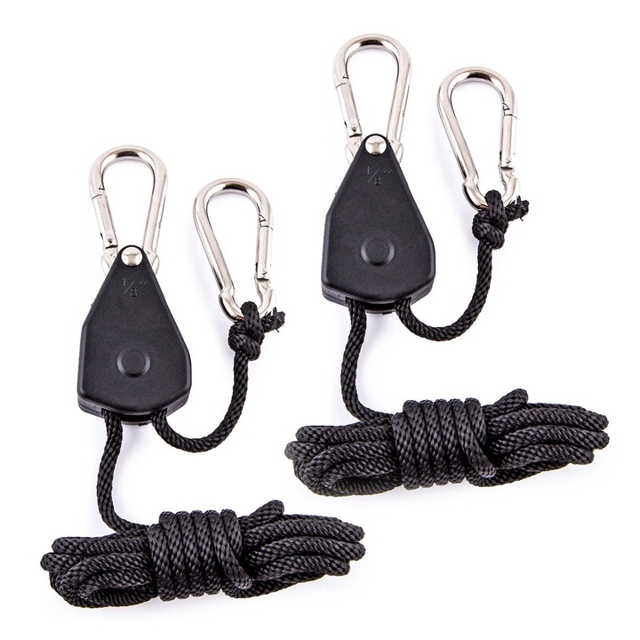 Set 2 scripeti cu franghie, SINBINTA, Reglabil, Sarcina portanta 68kg, Usor de instalat, Rezistent la uzura, Anti rugina, Portabil, Pentru montarea corturilor, Uscarea hainelor, Repararea bagajelor, Polipropilena/Aliaj de zinc, 240cm, Negru
