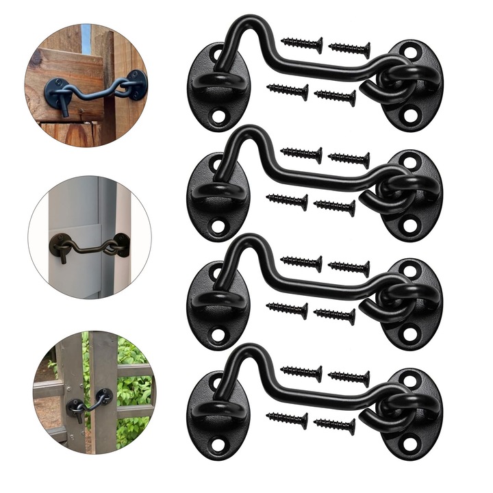 Set de 4 piese zavor poarta, SINBINTA, Zavor de ochi de blocare a usii glisante cu suruburi, Zavor de poarta metalica rezistenta la rugina, Usor de instalat, Pentru usa hambar, Depozite, Dulapuri, Otel inoxidabil, 100mm, Negru