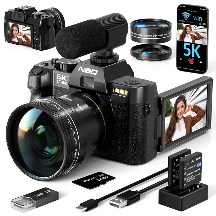Aparat foto Digital NBD®, 5K, 3.0 inch IPS, 48MP, 32GB SD Card, 2 Baterii, Negru
