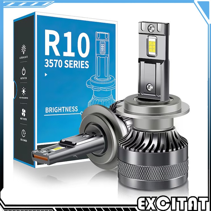 Set 2 Becuri LED Auto LED H7, Excitat®, Premium, 8000Lumeni, 6500K, 12V, Luminozitate de 300%, Cu ventilator, IP68 impermeabil, fara eroare, Canbus, Negru