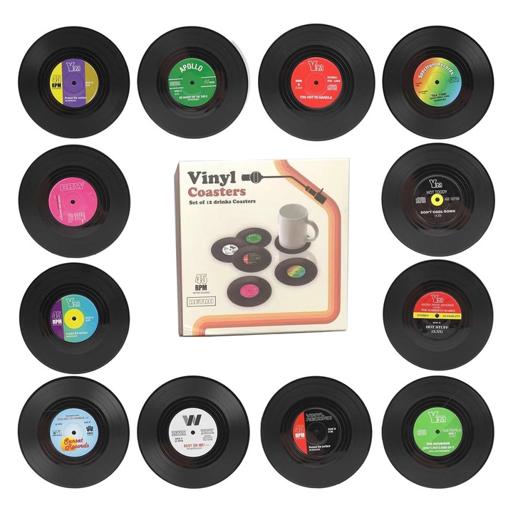 Комплект от 12 поставки за чаши, SIBINTA, винилови плочи на Елвис Пресли, Ретро, Защита на масата, Диаметър 10,5 см, Неплъзгащи се, Миещи се, За семейни вечери, барове, офиси, Пластмасови, Многоцветни