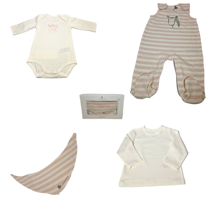 Set haine bebelusi, 4 piese, bumbac organic, Alb/Roz, 57-62 cm, 3-6 luni