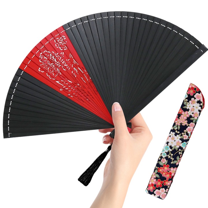 Дамско сгъваемо ръчно ветрило, бамбук, многоцветно, черно, червено, цвете