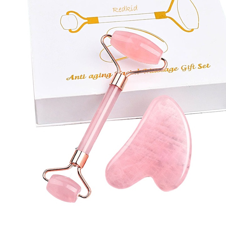 Set 2 Rola de masaj cu jad natural si Gua Sha, Redkid®, Promoveaza circulatia sangelui, functie antirid, tonifiere, ameliorare cearcane, aparat / dispozitiv pentru masaj facial si corporal si drenaj limfatic, Roz