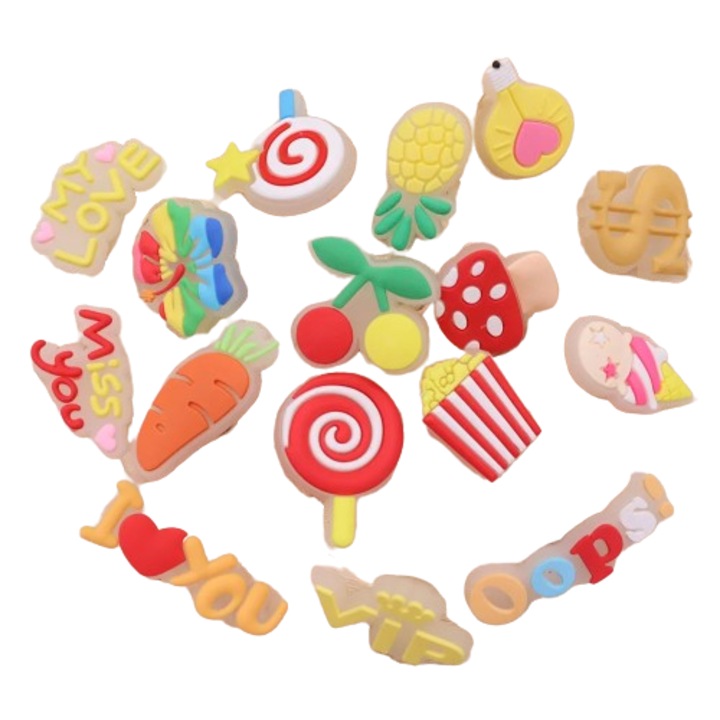 Комплект от 16 светещи игли, Декоративни аксесоари за сабо Crocs, Летен дизайн с различни мотиви