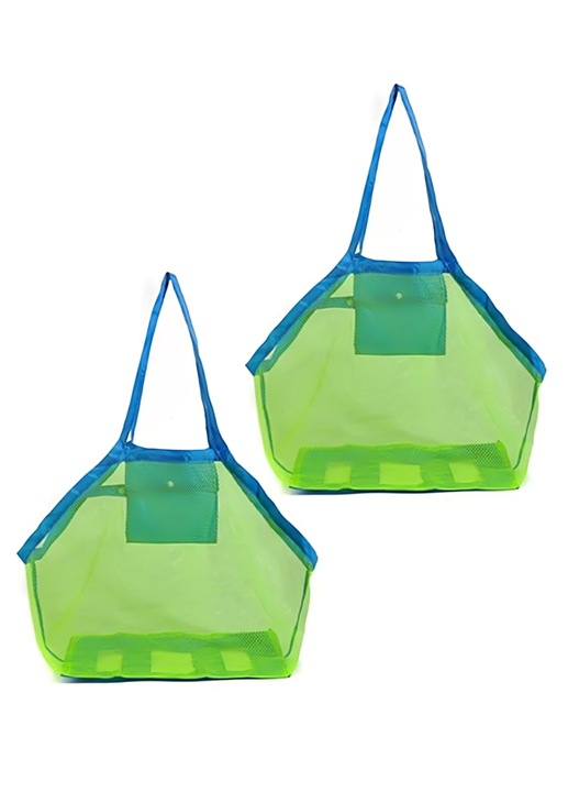 Комплект 2 плажни чанти, LATRAT, от мрежа, 40 см, сгъваеми, за детски играчки, Син/Зелен