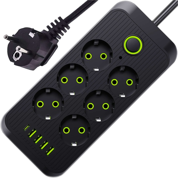 Удължителен кабел 6 AC EU гнезда 4x USB гнезда 1x USB-C 2500w Черен