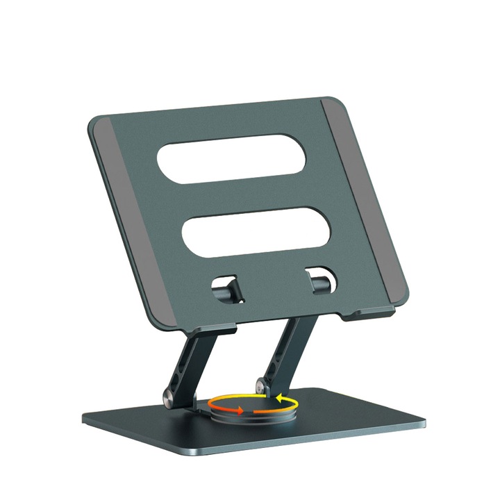 Suport laptop ergonomic, portabil, reglabil, pentru laptop si tableta, cu baza rotativa 360°, universal, non alunecos, compatibil cu toate laptopurile 10-17'', Gri