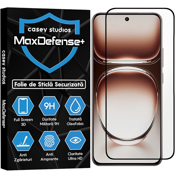 CASEY STUDIOS™ üvegfólia Oppo Reno12 Pro készülékkel kompatibilis, MaxDefense+, karcálló, Full Glue, Full Cover 3D, 3D képernyővédelem, nagy keménység, fekete élek