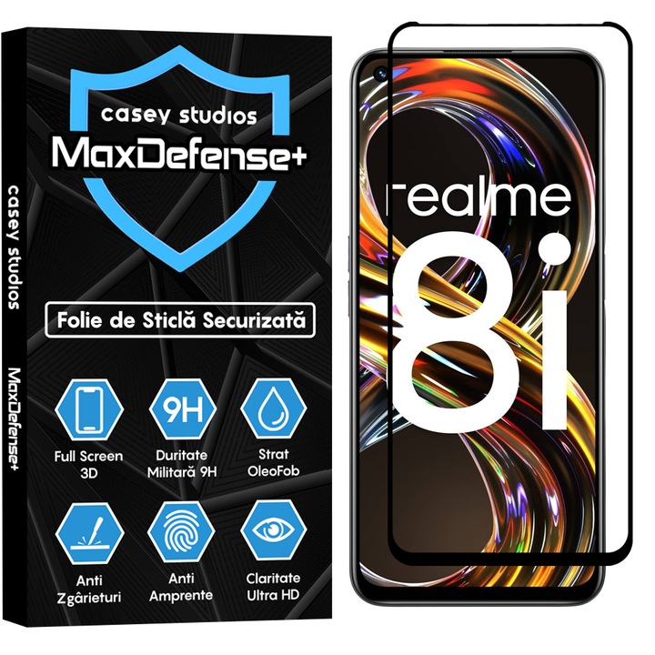 Folie Sticla CASEY STUDIOS™ compatibila cu Realme 8i, Full Cover 3D, Full Glue, Duritate Militara, Ultra HD, Anti Zgarieturi, Anti Amprente, Anti Socuri, Margini Negre