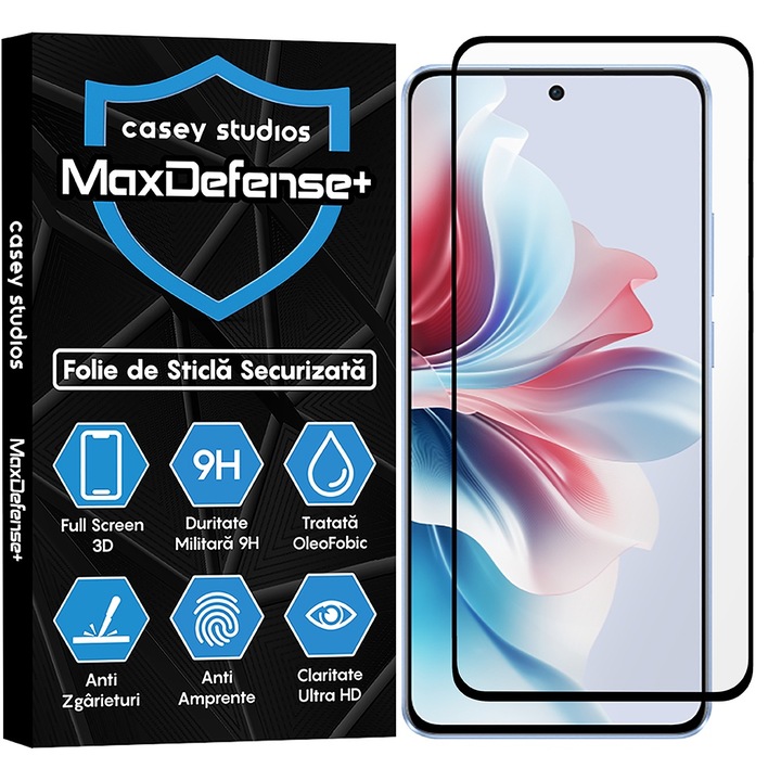 CASEY STUDIOS üvegfólia kompatibilis az Oppo Reno12 F-vel, teljes ragasztó, katonai keménység, ultra HD, karcolásgátló, ujjlenyomatok, ütésgátló, fekete élek
