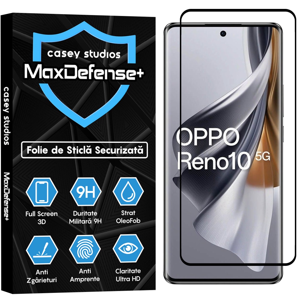 Folie Sticla CASEY STUDIOS™ compatibila cu Oppo Reno10, Full Cover 3D, Full Glue, Duritate Militara, Ultra HD, Anti Zgarieturi, Anti Amprente, Anti Socuri, Margini Negre