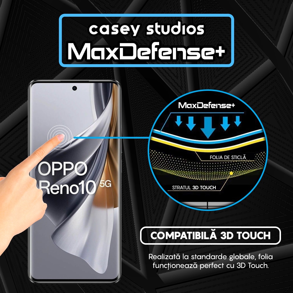 Folie Sticla CASEY STUDIOS™ compatibila cu Oppo Reno10, Full Cover 3D, Full Glue, Duritate Militara, Ultra HD, Anti Zgarieturi, Anti Amprente, Anti Socuri, Margini Negre