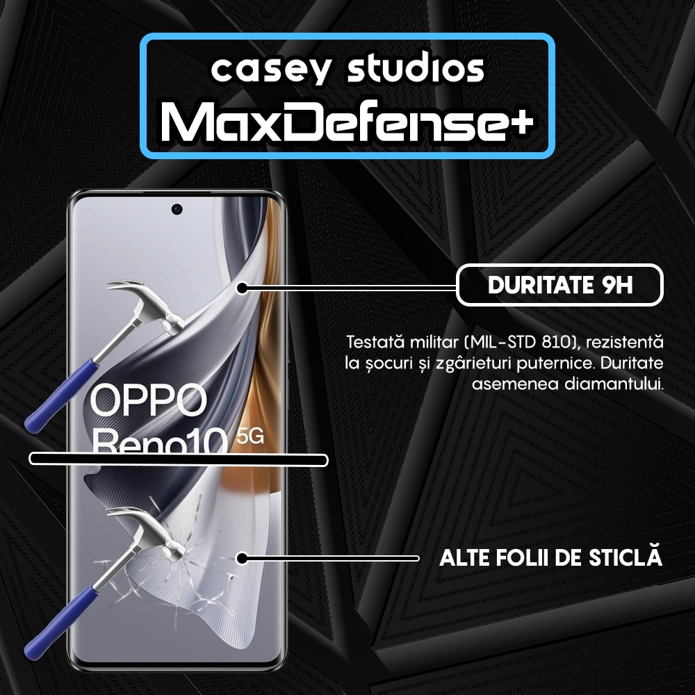 Folie Sticla CASEY STUDIOS™ compatibila cu Oppo Reno10, Full Cover 3D, Full Glue, Duritate Militara, Ultra HD, Anti Zgarieturi, Anti Amprente, Anti Socuri, Margini Negre