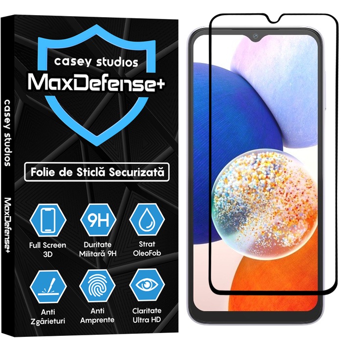 Folie Sticla CASEY STUDIOS™ compatibila cu Samsung Galaxy A14 5G, Full Cover 3D, Full Glue, Duritate Militara, Ultra HD, Anti Zgarieturi, Anti Amprente, Anti Socuri, Margini Negre