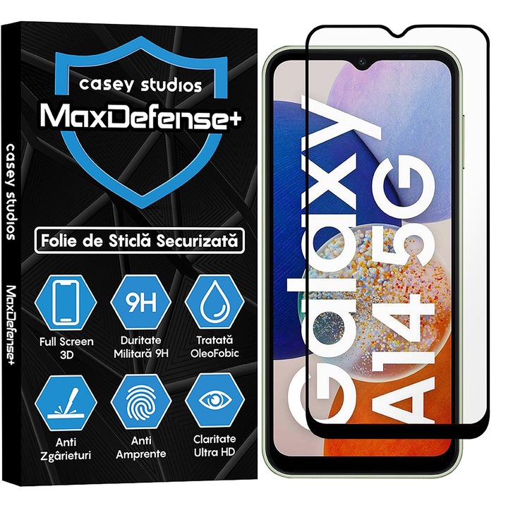 CASEY STUDIOS üvegfólia kompatibilis a Samsung Galaxy A14 5G telefonnal, Full Glue, Katonai keménység, Ultra HD, Karcmentes, Ujjlenyomatok, Ütésgátló, Fekete élek