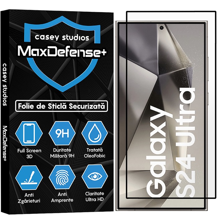 CASEY STUDIOS üvegfólia, kompatibilis a Samsung Galaxy S24 Ultra készülékkel, teljes ragasztóval, katonai keménységű, karcálló, ujjlenyomat-taszító, ütésálló, fekete szélekkel