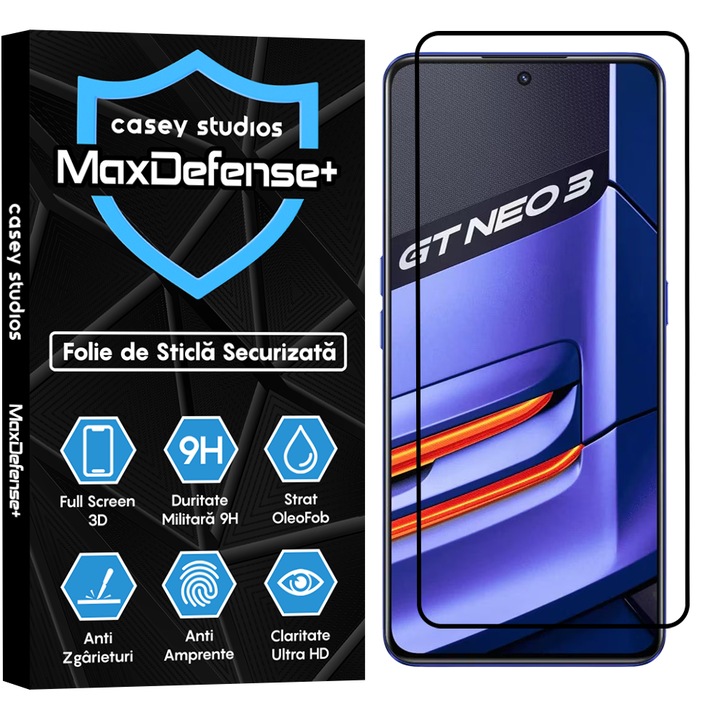 Folie Sticla CASEY STUDIOS™ compatibila cu Realme GT Neo 3 150W, Full Cover 3D, Full Glue, Duritate Militara, Ultra HD, Anti Zgarieturi, Anti Amprente, Anti Socuri, Margini Negre