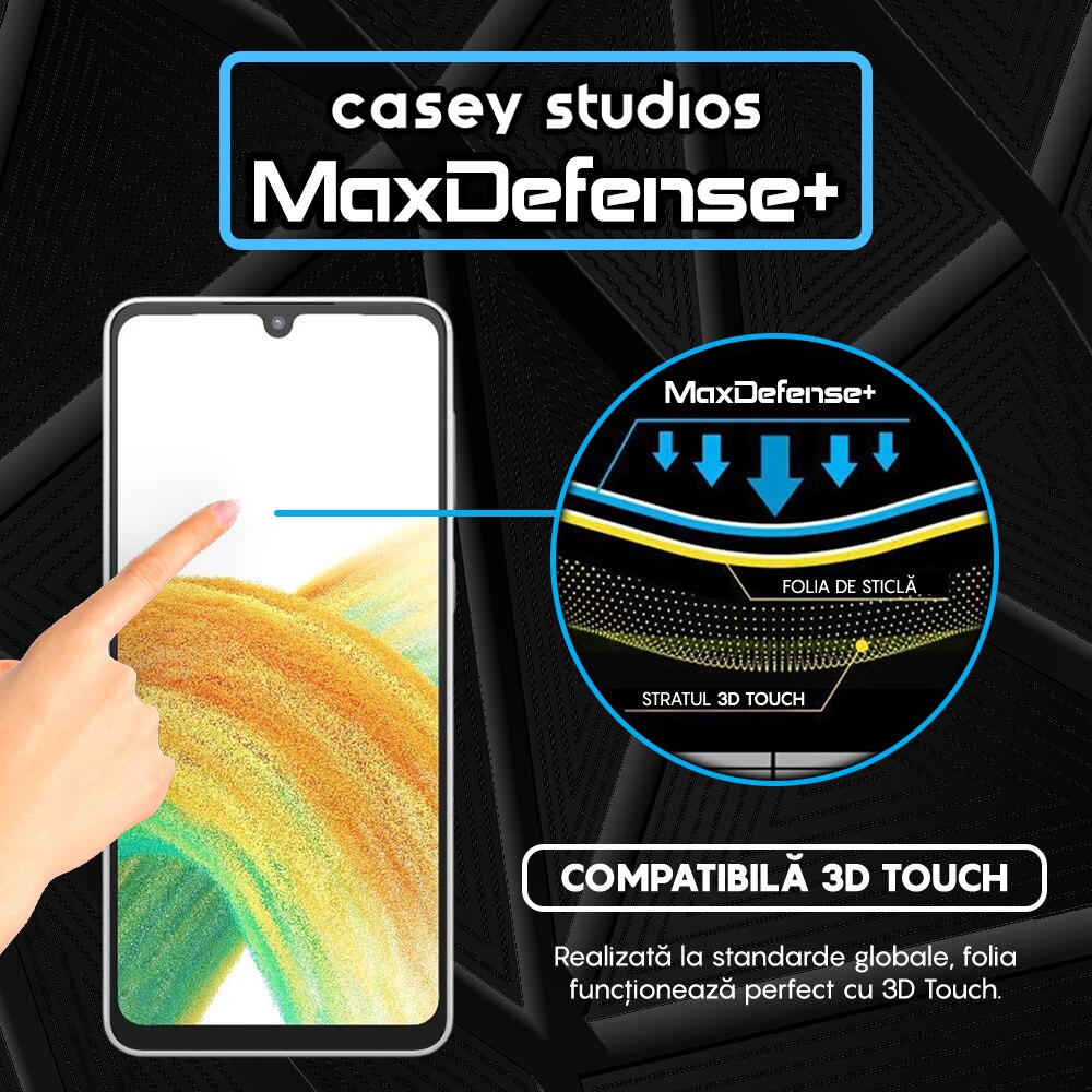 Folie Sticla CASEY STUDIOS™ compatibila cu Samsung Galaxy A33 5G, Full Cover 3D, Full Glue, Duritate Militara, Ultra HD, Anti Zgarieturi, Anti Amprente, Anti Socuri, Margini Negre