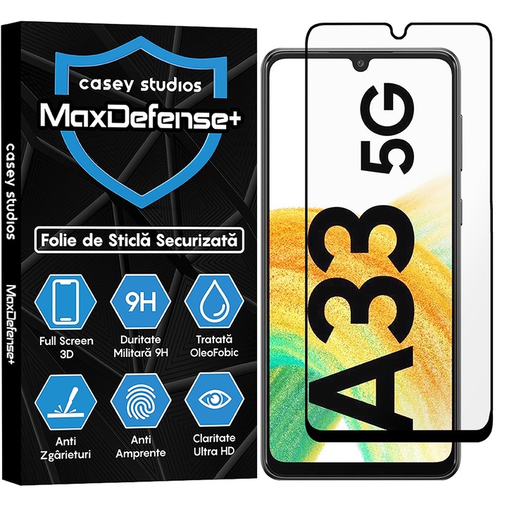 Протектор CASEY STUDIOS, съвместимо със Samsung Galaxy A33 5G, Full Glue, военна твърдост, Ultra HD, против надраскване, против пръстови отпечатъци, против удар, черни ръбове, стъкло