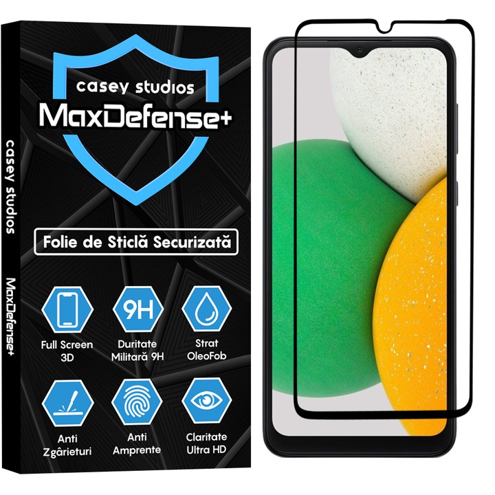 Folie Sticla CASEY STUDIOS™ compatibila cu Samsung Galaxy A05 / A05s, Full Cover 3D, Full Glue, Duritate Militara, Ultra HD, Anti Zgarieturi, Anti Amprente, Anti Socuri, Margini Negre