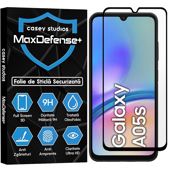 CASEY STUDIOS üvegfólia kompatibilis a Samsung Galaxy A05 / A05s készülékkel, Full Glue, Katonai keménység, Ultra HD, Karcolásgátló, Ujjlenyomatok, Ütésgátló, Fekete élek