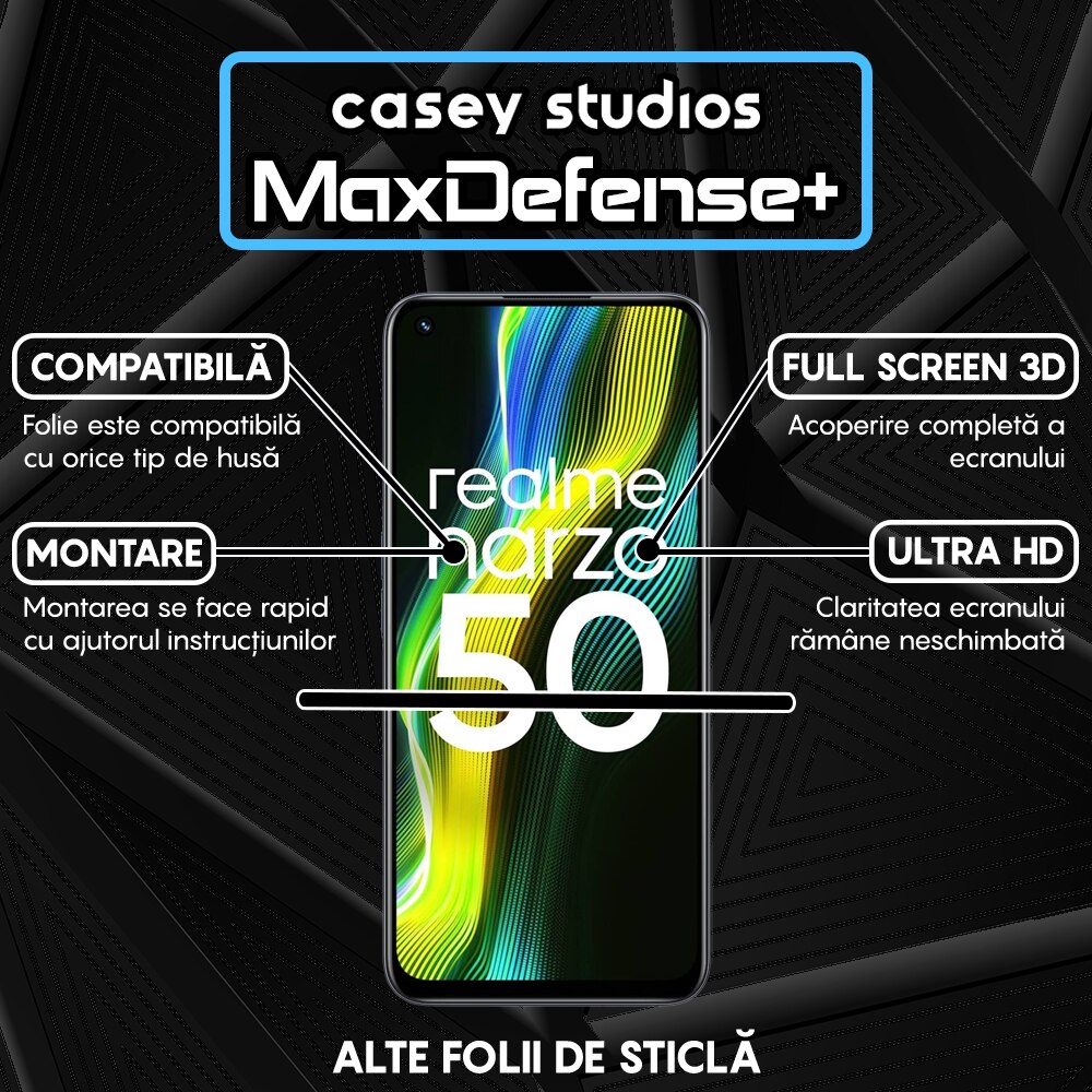 Folie Sticla CASEY STUDIOS™ compatibila cu Realme 9 Pro / Narzo 50, Full Cover 3D, Full Glue, Duritate Militara, Ultra HD, Anti Zgarieturi, Anti Amprente, Anti Socuri, Margini Negre