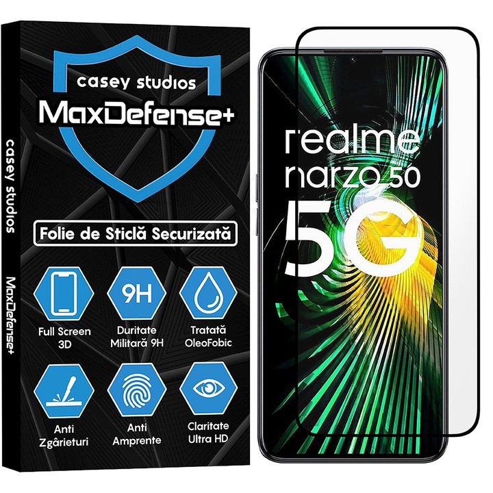 CASEY STUDIOS Realme 9 Pro / Narzo 50 kompatibilis üvegfólia, teljes ragasztó, katonai keménység, ultra HD, karcolásgátló, ujjlenyomatok, ütésgátló, fekete élek