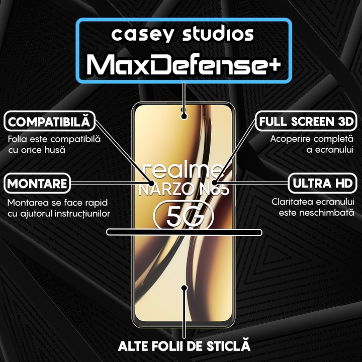 CASEY STUDIOS Glass Film, съвместим с Realme Narzo N65, пълно лепило, военна твърдост, Ultra HD, против надраскване, против пръстови отпечатъци, против удар, черни ръбове