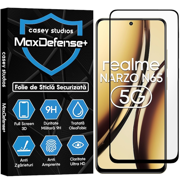 CASEY STUDIOS Glass Film, съвместим с Realme Narzo N65, пълно лепило, военна твърдост, Ultra HD, против надраскване, против пръстови отпечатъци, против удар, черни ръбове