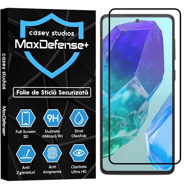 Folie Sticla CASEY STUDIOS™ compatibila cu Samsung Galaxy M55, Full Cover 3D, Full Glue, Duritate Militara, Ultra HD, Anti Zgarieturi, Anti Amprente, Anti Socuri, Margini Negre